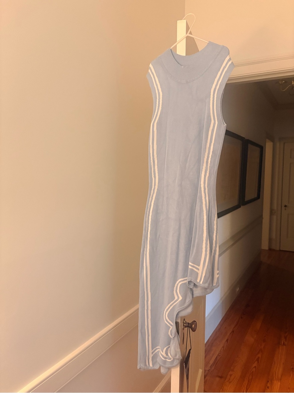 Light Blue Knit Midi Dress with White Trim
